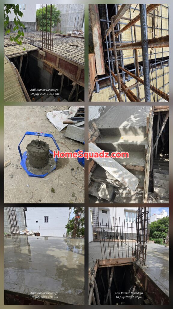 A collage of images showcasing the ground floor slab construction process, including team members preparing the site, concrete pouring activities, detailed quality checks on reinforcement and formwork, and the completed, perfectly laid slab.